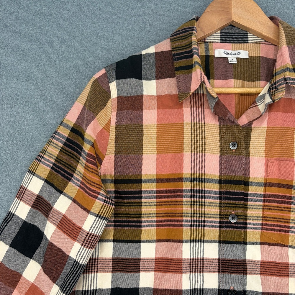 Madewell Women Medium Pink Brown Plaid Flannel Sunday Shirt Button Down Cotton - Picture 4 of 7